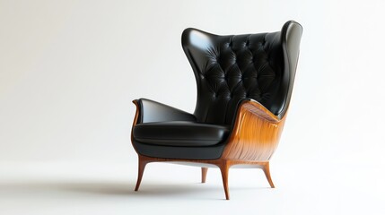 Aufkleber - Vintage black leather armchair with wooden accents on a neutral background Copy Space