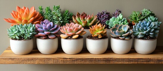 Aufkleber - Succulent plants in white pots arranged on a wooden shelf with neutral background Copy Space