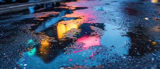 Poster - Colorful reflections of city lights in a puddle on a city street at night with wet asphalt and Copy Space for text.