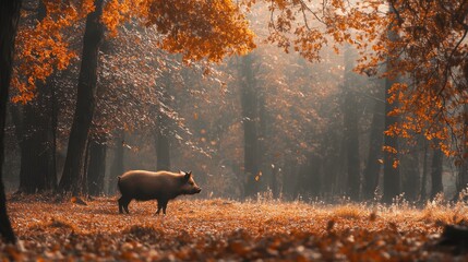 Poster - Autumn forest landscape with a wild pig standing in a misty environment surrounded by colorful fall foliage Copy Space