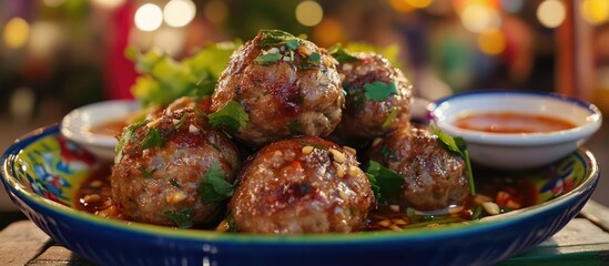 Aufkleber - Delicious meatballs garnished with fresh herbs served on a colorful plate with dipping sauce Copy Space