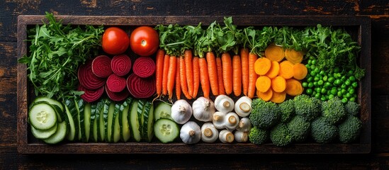 Aufkleber - Fresh assortment of colorful vegetables arranged in a wooden tray on dark background with Copy Space for text