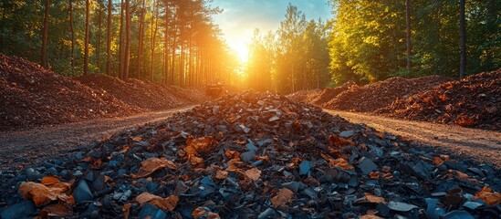 Poster - Sunset over a gravel road with piles of stones and autumn leaves framed by trees in a forest landscape Copy Space