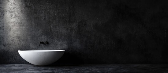 Aufkleber - Modern minimalist bathroom with a white freestanding sink against a dark textured wall and floor with ample copy space.