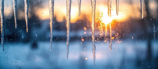 Poster - Sunset through icy window with icicles and blurred winter landscape in background Copy Space