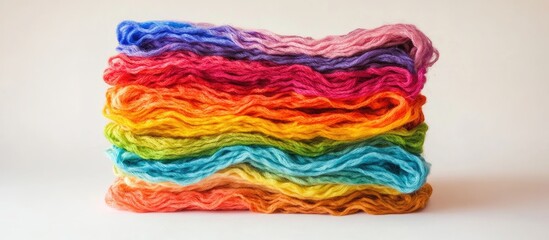 Poster - Colorful yarn bundles stacked in a rainbow gradient with copy space for text on a neutral background.