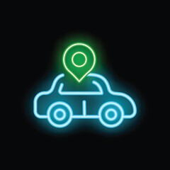 Wall Mural - Neon style icon of a car with a location pin above, representing gps navigation and tracking systems