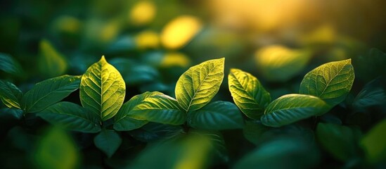 Poster - Lush green leaves with sunlight illuminating their surface on a blurred background Copy Space