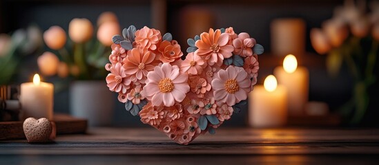 Poster - Floral heart arrangement with candles in soft focus background and copy space for text use