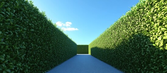 Aufkleber - Lush green hedge maze pathway leading towards a blue sky with clouds and open exit Copy Space