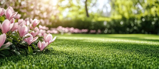 Aufkleber - Lush green lawn with pink flowers blooming in a sunlit garden setting featuring blurred background and ample Copy Space