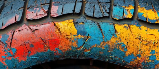 Poster - Colorful worn tire tread with vibrant paint splashes creating a textured background Copy Space