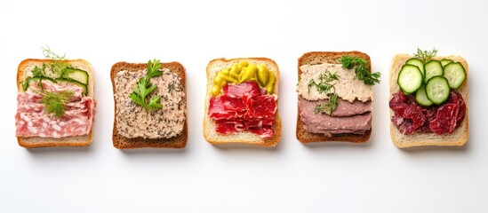 Poster - Assorted open-faced sandwiches on white background with copy space for text