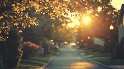 Poster - Suburban neighborhood street at sunset with soft bokeh effect and ample copyspace for text placement and design elements