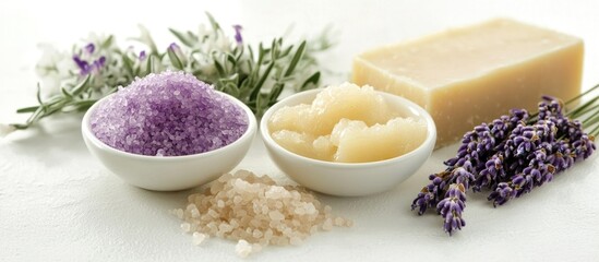 Aufkleber - Lavender spa products including lavender flowers, bath salts, cream, and handmade soap on a light background with Copy Space