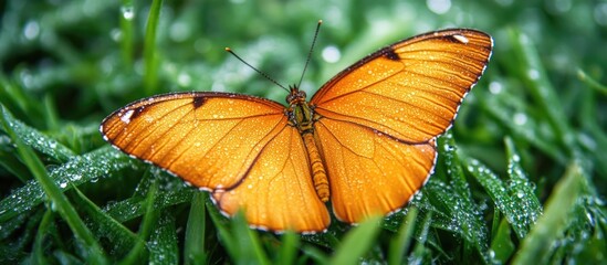 Aufkleber - Vibrant orange butterfly perched on dewy green grass with close-up details and Copy Space for text placement