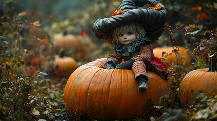 Poster - Thin whimsical character wearing a tall swirled witch hat sits on a large pumpkin surrounded by elaborate vines Its striped outfit contrasts with the vibrant orange of the pumpkins