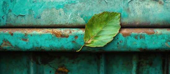 Poster - Green leaf on rusty metal surface with textured background and Copy Space for text placement.