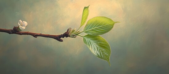 Aufkleber - Fresh green leaves on a branch with delicate flower buds against a soft pastel background Copy Space