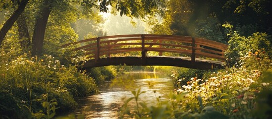 Poster - Wooden bridge over a tranquil stream surrounded by lush greenery and wildflowers in soft morning light with Copy Space