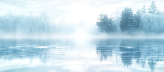 Aufkleber - Foggy lake landscape with trees and soft light reflection on water surface Copy Space