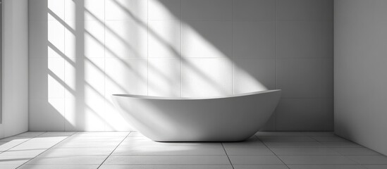 Aufkleber - Minimalist bathroom interior with a freestanding tub and natural light casting shadows, featuring white walls and tiled floor, Copy Space