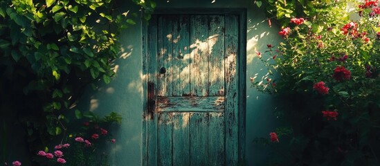 Poster - Old weathered wooden door surrounded by vibrant flowers and greenery with natural light filtering through, featuring Copy Space.