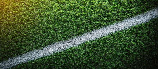 Poster - Close-up of green artificial turf with a white line, ideal for sports or athletic themes, Copy Space available for text placement.