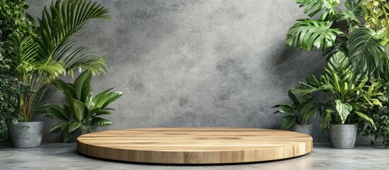 Poster - Wooden platform with tropical plants against a textured concrete wall background