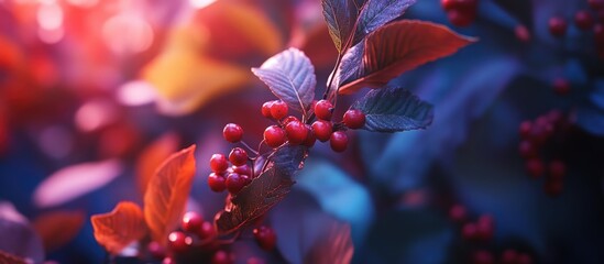 Poster - Colorful close-up of vibrant leaves and red berries in natural light with soft bokeh effects and Copy Space for text placement.