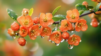 Poster - Sunlit orange blossoms with dewdrops on hawthorn branches creating a serene background with ample space for text or messaging