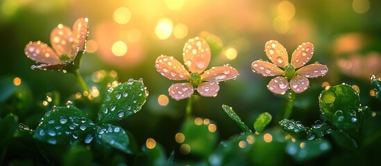 Leinwandbilder - Delicate pink flowers with water droplets on green leaves in soft morning light with blurred bokeh background and Copy Space for text