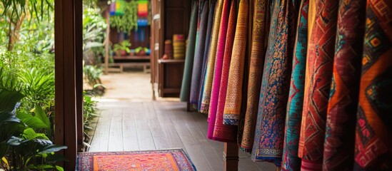Poster - Colorful textiles hanging in a rustic interior with wooden flooring and green plants visible, featuring various intricate patterns and textures. Copy Space