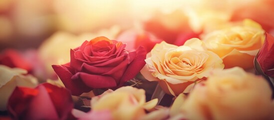 Aufkleber - Colorful assortment of red and yellow roses with soft focus background and warm lighting Copy Space