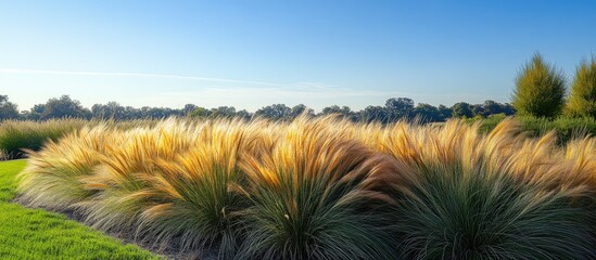 Poster - Golden ornamental grass in sunlight against a clear blue sky with green landscape copy space