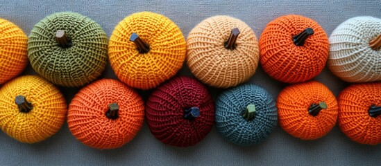 Poster - Colorful crochet pumpkins displayed in a row on a flat surface with neutral background Copy Space