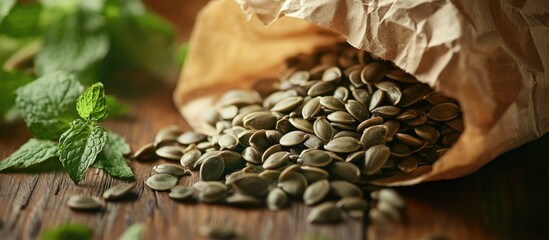 Poster - Pumpkin seeds spilling from paper bag on wooden surface with fresh mint leaves and copy space for text