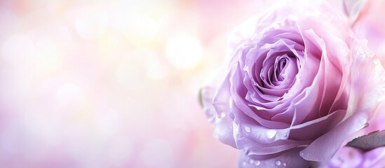 Poster - Lavender rose with water droplets on soft pink blurred background and Copy Space for text