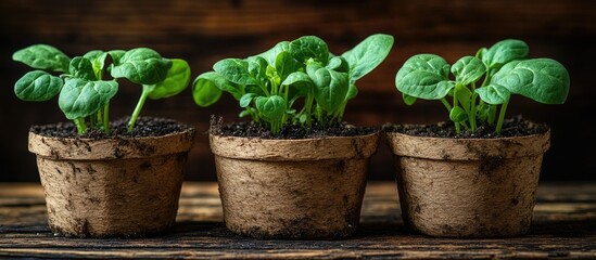 Poster - Green seedlings in biodegradable pots on wooden surface with copy space for text.