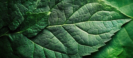 Fototapete - Detailed close-up of green leaves with visible texture and veins on a dark background Copy Space