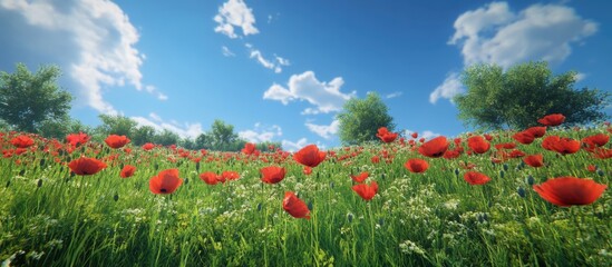 Aufkleber - Vibrant field of red poppies surrounded by green grass and white flowers under a bright blue sky with fluffy clouds Copy Space