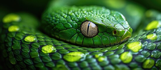 Poster - Green tree snake with vibrant scales and intricate texture captured in close-up view Copy Space