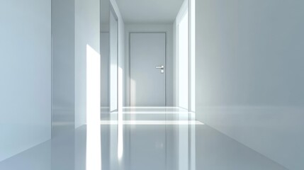 Poster - Stylish modern door handle in an empty bright hallway showcasing sleek architecture and ample copyspace for creative text placement