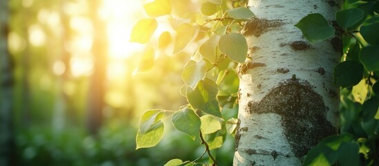 Poster - Sunlight filtering through green leaves on birch trees in a forest setting with soft bokeh background and Copy Space for text usage