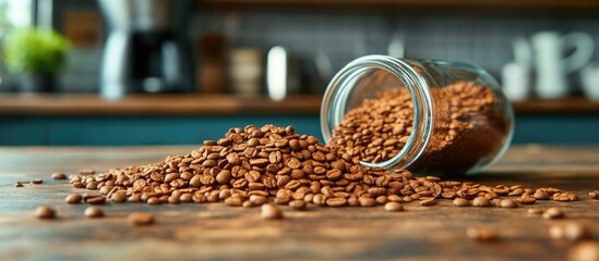 Poster - Coffee beans spilling from a glass jar onto a wooden countertop with a blurred kitchen background and ample Copy Space.