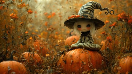 Fototapete - Thin whimsical character wearing a tall swirled witch hat sits on a large pumpkin surrounded by elaborate vines Its striped outfit contrasts with the vibrant orange of the pumpkins