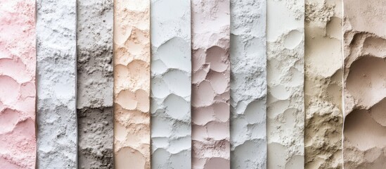 Poster - Textured wall panels in various pastel shades with varying surface finishes, ideal for backgrounds or architectural designs, Copy Space