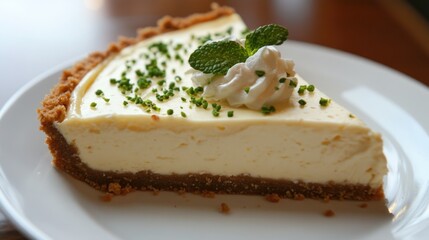 Poster - Creamy cheesecake slice topped with whipped cream and mint leaves on a white plate Copy Space