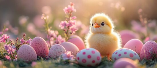 Aufkleber - Cute yellow chick surrounded by pastel easter eggs and pink flowers at sunrise with soft focus and copy space.