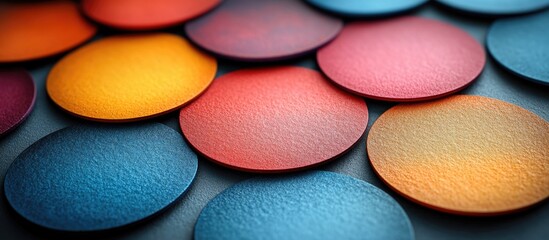 Fototapete - Colorful circular textured discs arranged aesthetically on a surface with Copy Space for text placement